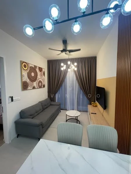 Living features: 3-seater fabric sofa in grey, coffee table, wall-mounted TV, TV console in light wood, chandelier with multiple bulbs, 5-blade ceiling fan, floor-to-ceiling curtains in dark brown, decorative wall art with circular patterns, light-colored walls, accent wall with vertical wood paneling, recessed lighting; style: modern.
