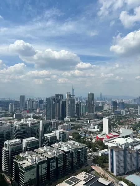 Exterior type: high-rise condominium; features: city skyline view, multiple high-rise buildings, green landscaping in foreground, urban setting, clear blue sky, clouds, varied architectural styles; style: modern.