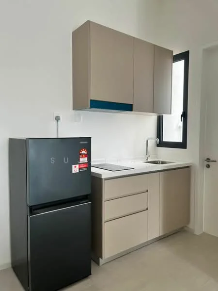 Kitchen features: black fridge, single-bowl stainless-steel sink, chrome pull-down faucet, white countertop, beige cabinetry, upper cabinets, lower cabinets, built-in stove, tile backsplash, grey tile flooring, window with black frame; style: modern.