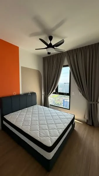 Bedroom features: queen-size bed, black upholstered headboard, white mattress, orange accent wall, white painted walls, floor-to-ceiling window, grey curtains, wooden flooring, 5-blade ceiling fan with light; style: modern; view: city.