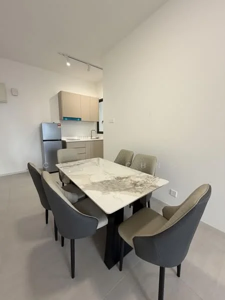 Dining features: 6-seater dining table with marble top, grey upholstered dining chairs, white painted walls, tile flooring, recessed downlights, kitchen area visible in background, stainless-steel fridge, built-in kitchen cabinetry; style: modern.