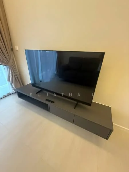 Living features: wall-mounted TV, grey TV console, light-colored walls, curtains, laminate flooring, sofa in background; style: modern.