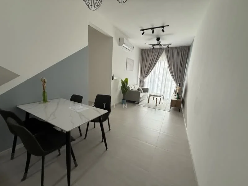 Living features: grey accent wall, white painted walls, marble dining table, 4 black dining chairs, sofa, floor-to-ceiling windows, curtains, ceiling fan, air conditioning unit, potted plant, TV console, wooden coffee table, light-colored flooring; style: modern.