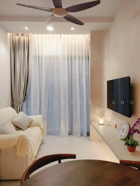 Living features: 3-seater fabric sofa in cream, decorative throw blanket, wooden coffee table, wall-mounted TV, floor-to-ceiling windows, sheer curtains, blackout curtains, recessed downlights, ceiling fan with light, decorative vase with flowers, light-colored wall, light-colored flooring; style: modern.