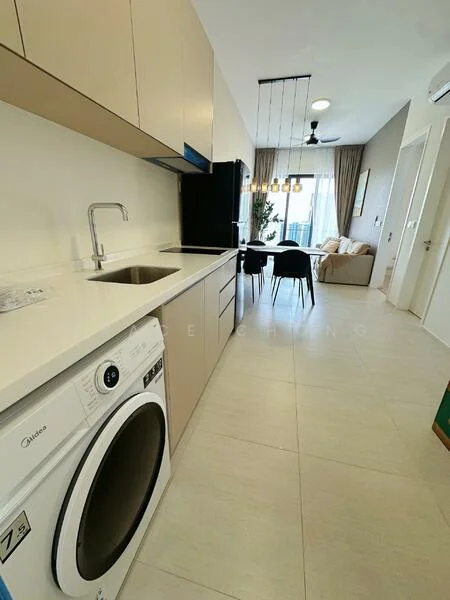 Kitchen features: white quartz countertop, single-bowl stainless-steel sink, chrome pull-down faucet, built-in oven, stainless-steel range hood, 4-burner gas hob, cream cabinetry, washing machine, tile flooring, recessed downlights, open shelving, wall-mounted cabinets; style: modern. Dining features: 4-seater dining table, black dining chairs, pendant lighting, decorative plant, wall-mounted artwork; style: modern. Living features: fabric sofa in beige, coffee table, wall-mounted TV, area rug, floor-to-ceiling windows; style: modern.