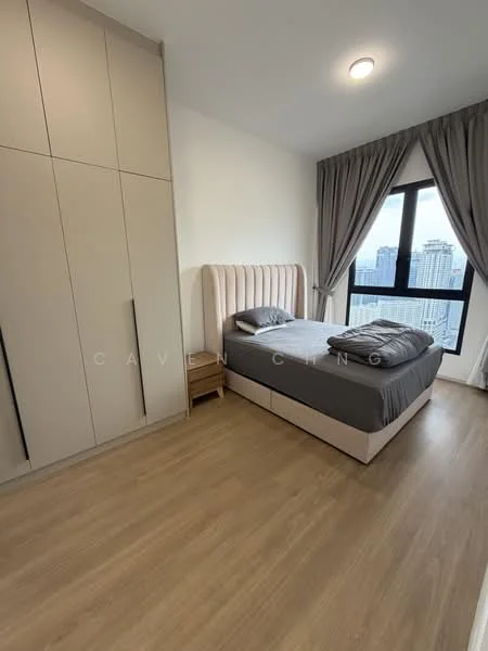 Bedroom features: king-size bed with upholstered headboard in light pink, grey bedding, nightstand with drawer, built-in wardrobe with beige finish, floor-to-ceiling window, curtains in light grey, laminate flooring, recessed ceiling light; style: modern; view: city.