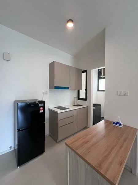 Kitchen features: grey cabinetry, wooden countertop, black fridge, built-in electric cooktop, single-bowl stainless-steel sink, chrome faucet, white walls, recessed ceiling light, window for natural light, open layout; style: modern.