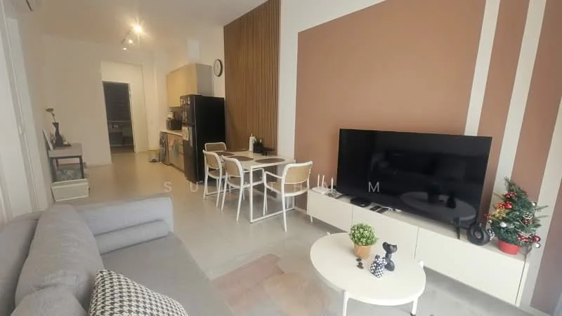 Living features: grey fabric sofa, coffee table, wall-mounted TV, TV console, dining table for four, white dining chairs, decorative plant, light-colored tile flooring, feature wall with brown accent, recessed ceiling lights, open layout to kitchen, kitchen appliances visible in background; style: modern.