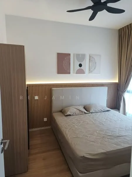 Bedroom features: queen-size bed, upholstered headboard, wooden bedside cabinet, wooden wardrobe, wood panel accent wall, recessed LED lighting, curtains, ceiling fan; style: modern.