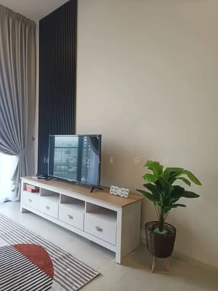 Living features: white TV console with drawers, flat-screen TV, decorative plant in pot, beige walls, floor-to-ceiling curtains, light grey flooring, striped accent wall, area rug with geometric pattern; style: modern.