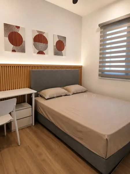 Bedroom features: queen-size bed with grey upholstered base, wooden headboard with vertical slats, two framed abstract artworks on the wall, white walls, laminate flooring, roller blinds on window, desk with white finish, white chair, nightstand with drawer; style: modern.