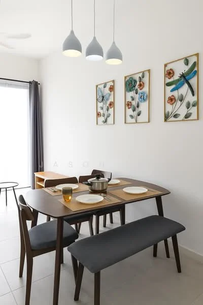 Dining features: 6-seater dining table, wooden dining chairs, upholstered bench seating, white walls, grey curtains, pendant lighting with three fixtures, decorative wall art with floral patterns, ceramic plates, glass drinking glasses, table placemats; style: modern.