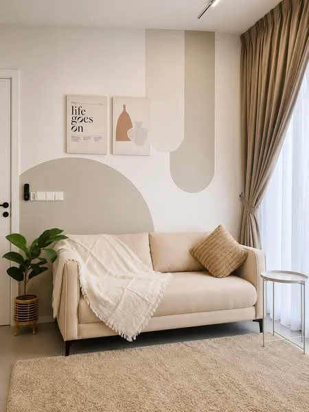 Living features: beige fabric sofa, decorative throw blanket, decorative cushion, round side table, indoor plant in pot, curtains in light fabric, wall art with framed prints, textured area rug, painted accent wall with geometric shapes, light-colored flooring; style: modern.