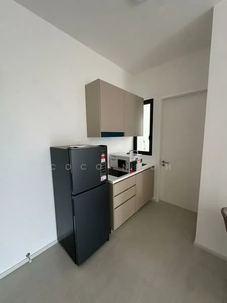 Kitchen features: black fridge, light brown cabinetry, white walls, grey tile flooring, single-bowl stainless-steel sink, chrome faucet, countertop with storage, window with black frame, door leading to another room; style: modern.