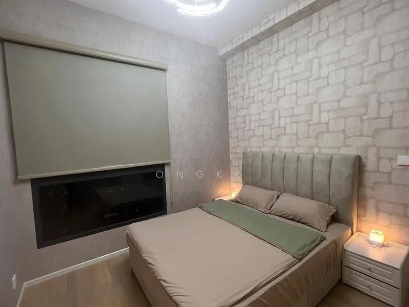 Bedroom features: queen-size bed with upholstered headboard, bedside tables with lamps, light grey stone accent wall, plain beige walls, roller blinds on window, wooden flooring, ceiling light fixture, window with city view; style: modern; view: city.