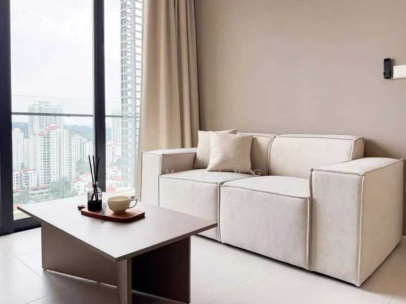 Living features: beige fabric sofa, decorative cushion, wooden coffee table, ceramic cup, decorative sticks in vase, floor-to-ceiling windows, curtains, neutral painted walls, tile flooring, city view; style: modern; view: city.