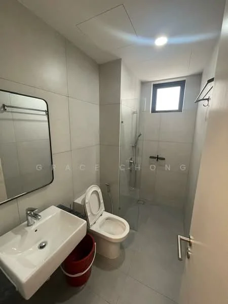 Bathroom features: single-sink vanity with wall-mounted faucet, framed mirror, one-piece toilet, walk-in shower with glass enclosure, chrome shower head, grey tiled walls, light grey tiled flooring, recessed downlights; style: modern.