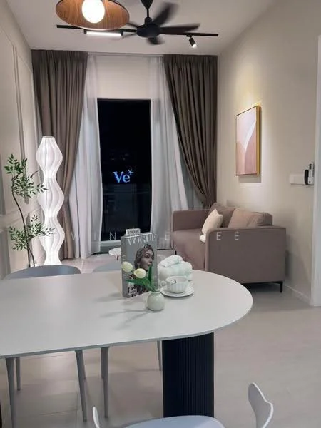 Living features: 3-seater fabric sofa in beige, round dining table, 4 dining chairs, floor-to-ceiling windows, sheer curtains, decorative floor lamp, pendant light, ceiling fan, wall-mounted artwork, decorative plant, coffee table, area rug; style: modern; view: city.