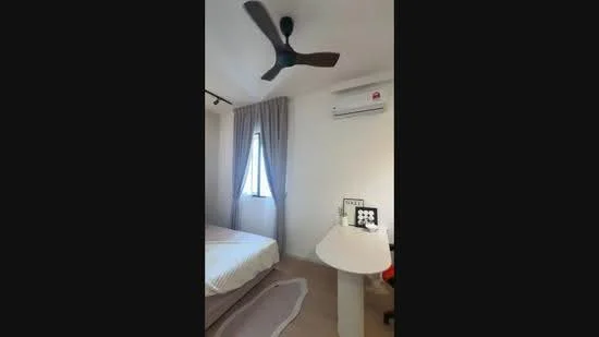 Bedroom features: queen-size bed, 5-blade ceiling fan, wall-mounted split AC, floor-to-ceiling window, curtains, light-colored walls, carpet flooring, study desk, decorative wall art; style: modern.