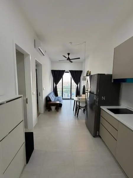 Living features: white painted walls, tile flooring, 5-blade ceiling fan, floor-to-ceiling windows, sliding glass door, blackout curtains, dining table with chairs, sofa, refrigerator, kitchen cabinetry, kitchen countertop, air conditioning unit; style: modern; view: city.