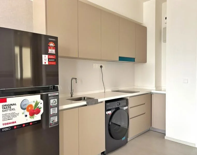 Kitchen features: light beige cabinetry, white countertop, single-bowl stainless-steel sink, chrome pull-down faucet, built-in washing machine, stainless-steel fridge, grey backsplash, wall-mounted air conditioning unit, under-cabinet lighting, open shelving, integrated appliances; style: modern.