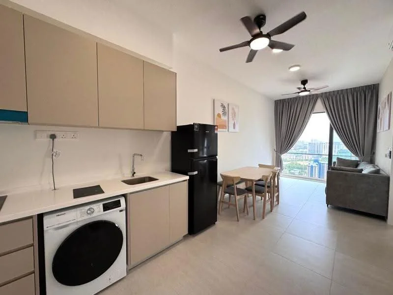 Kitchen features: light beige cabinetry, white countertop, single-bowl stainless-steel sink, chrome pull-down faucet, built-in electric stove, black refrigerator, front-load washing machine, 2-blade ceiling fan, recessed LED downlights, tile flooring, floor-to-ceiling windows with city view, dining table with 4 chairs, grey fabric sofa; style: modern; view: city.