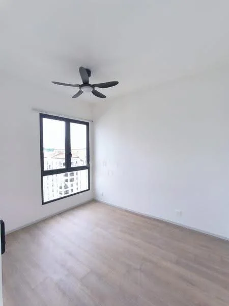 Bedroom features: white painted walls, wooden flooring, 5-blade ceiling fan, floor-to-ceiling windows, city view; style: modern; view: city.