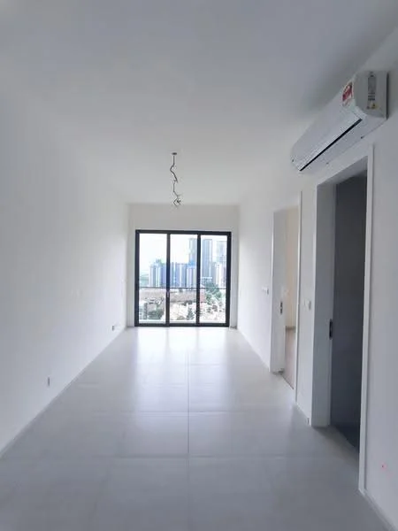 Living features: white painted walls, light grey tile flooring, floor-to-ceiling windows, sliding glass door, 1 wall-mounted split AC, modern pendant light, city view; style: modern; view: city.