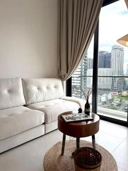 Living features: white fabric sofa, round wooden coffee table, decorative vase on table, area rug, floor-to-ceiling windows, curtains, city view, light-colored walls, tile flooring; style: modern; view: city.