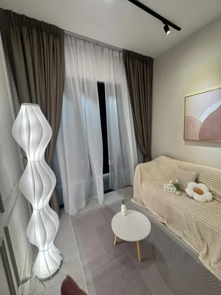 Living features: floor-to-ceiling windows, sheer curtains, dark grey curtains, beige sofa with throw pillows, round coffee table with wooden legs, decorative vase on coffee table, area rug with geometric pattern, modern floor lamp, wall-mounted artwork; style: modern.