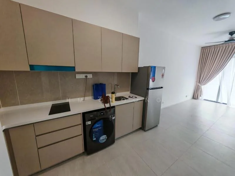 Kitchen features: light brown cabinetry, white countertop, built-in electric cooktop, stainless-steel sink, chrome pull-down faucet, black front-load washing machine, stainless-steel fridge, tile backsplash, recessed ceiling lights, floor-to-ceiling window with sheer curtains, light-colored tile flooring; style: modern.