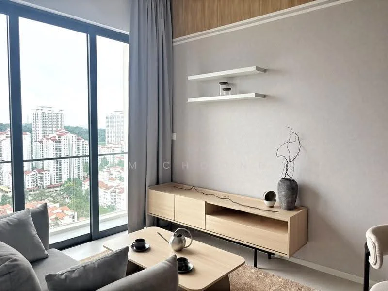 Living features: floor-to-ceiling windows, grey painted walls, light wood cabinetry, minimalist shelving unit, light-colored sofa, coffee table, decorative vase, city view; style: modern; view: city.