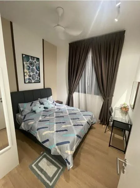 Bedroom features: queen-size bed with patterned bedding, upholstered headboard, 2 bedside lamps, wooden flooring, floor-to-ceiling window with sheer curtains, dark brown curtains, wall-mounted mirror, study desk, decorative wall art, area rug with geometric pattern, ceiling fan; style: modern.