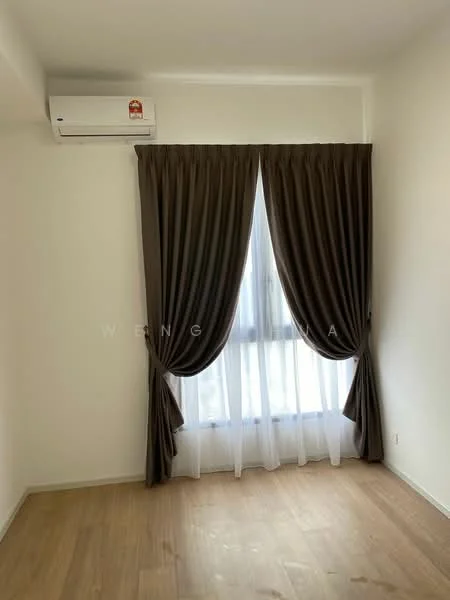 Room features: light wood flooring, white painted walls, floor-to-ceiling window, sheer curtains, dark brown curtains, 1 wall-mounted split AC.
