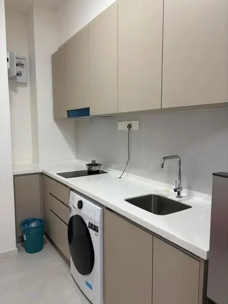 Kitchen features: light beige cabinetry, white quartz countertop, single-bowl stainless-steel sink, chrome pull-down faucet, built-in stove, front-load washing machine, grey tile flooring, under-cabinet lighting, wall-mounted electrical panel, blue accent panel; style: modern.