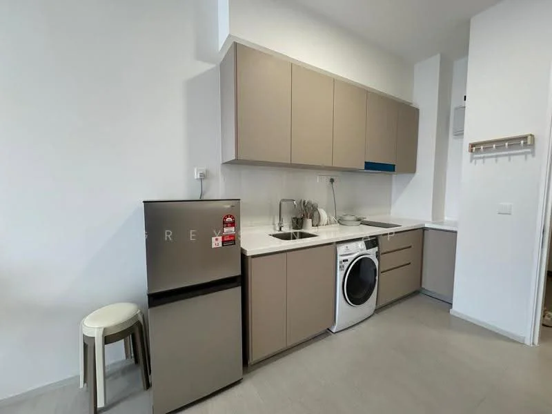 Kitchen features: light brown cabinetry, white countertop, single-bowl stainless-steel sink, chrome pull-down faucet, built-in washing machine, stainless-steel fridge, ceramic tile flooring, wall-mounted shelf, open shelving, neutral wall color; style: modern.