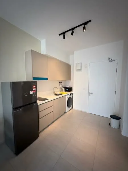 Kitchen features: grey cabinetry, white countertop, single-bowl stainless-steel sink, chrome pull-down faucet, stainless-steel fridge, built-in washing machine, tile flooring, track lighting, white walls, door to hallway; style: modern.