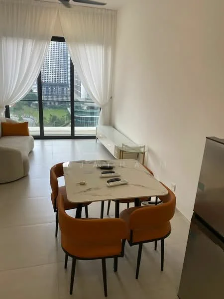 Dining features: 6-seater dining table with marble top, orange upholstered dining chairs, floor-to-ceiling windows, sheer curtains, light-colored walls, tile flooring, TV console, view of city skyline; style: modern; view: city. Living features: sectional sofa, light-colored walls, floor-to-ceiling windows, sheer curtains, tile flooring, decorative items on console; style: modern; view: city.
