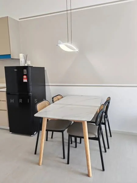 Dining features: marble dining table, 4 dining chairs with upholstered seats, black refrigerator, pendant light fixture, light grey walls, white trim, laminate flooring; style: modern.