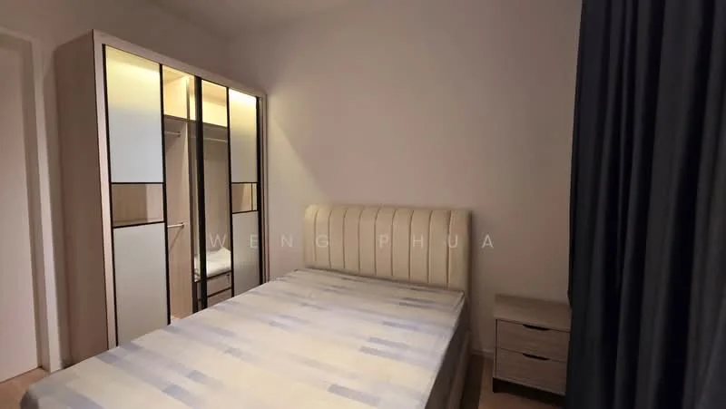 Bedroom features: queen-size bed, upholstered headboard, built-in wardrobe with sliding doors, nightstand, white walls, wooden flooring, curtains, soft lighting; style: modern.