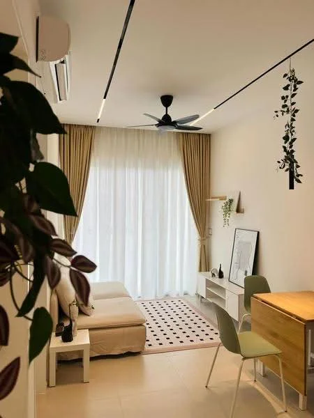 Living features: white painted walls, light-colored flooring, 5-blade ceiling fan with light, floor-to-ceiling windows, sheer curtains, sofa in light color, area rug with geometric pattern, wooden dining table, 2 upholstered dining chairs, wall-mounted shelf, decorative plant, framed artwork; style: modern.