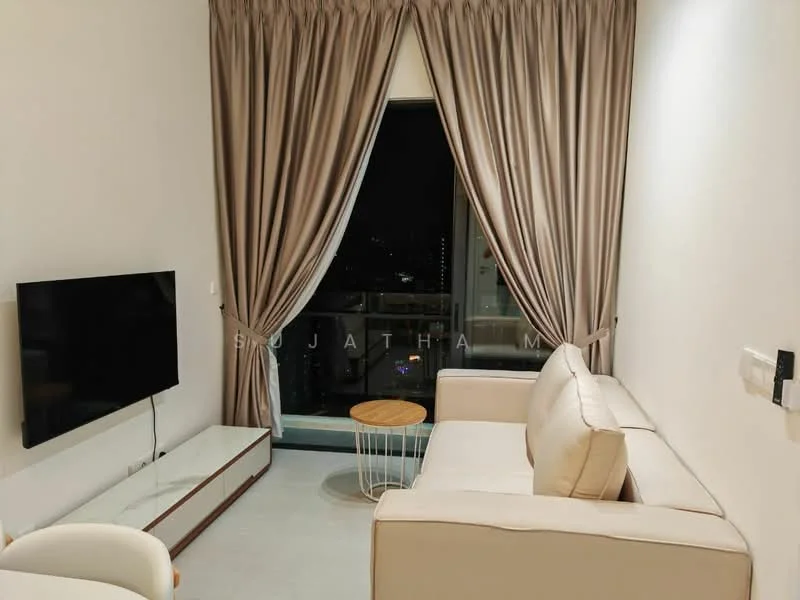 Living features: beige fabric sofa, round wooden coffee table, wall-mounted TV, white TV console, floor-to-ceiling windows, sheer curtains, dark grey wall, light grey flooring; style: modern; view: city.
