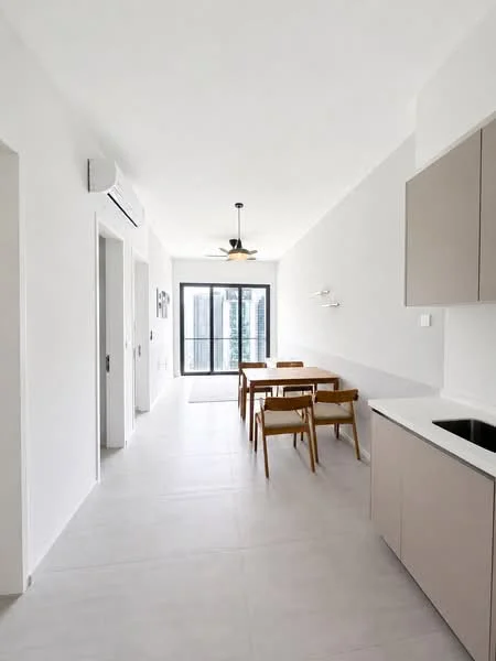 Dining features: light grey tile flooring, white painted walls, 5-blade ceiling fan with light, dining table with 6 wooden chairs, kitchen cabinetry in light beige, single-bowl stainless-steel sink, sliding glass door leading to balcony, recessed LED downlights, wall-mounted sconce lighting; style: modern; view: garden.