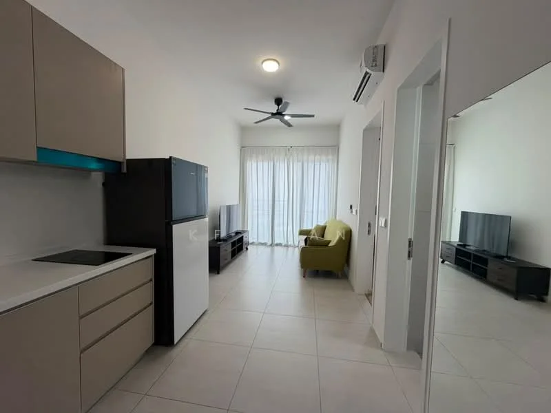 Kitchen features: light brown cabinetry, white countertop, built-in stove, stainless-steel fridge, open shelving, under-cabinet lighting; style: modern. Living features: 3-seater green fabric sofa, TV console, wall-mounted TV, floor-to-ceiling windows with sheer curtains, ceiling fan, tile flooring, recessed lighting; style: modern.