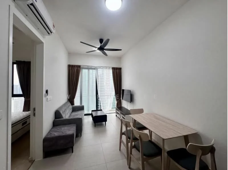 Living features: 5-blade ceiling fan with light, sofa in grey fabric, coffee table, wall-mounted TV, dining table with 4 chairs, floor-to-ceiling windows, curtains in brown, light-colored tile flooring, air conditioning unit on wall, decorative wall art; style: modern; view: city.