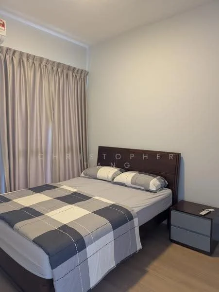 Bedroom features: queen-size bed with grey and white checkered bedding, wooden bed frame, nightstand with drawer, curtains in light grey, plain white painted walls, laminate flooring, two pillows on the bed, remote control on nightstand; style: modern.