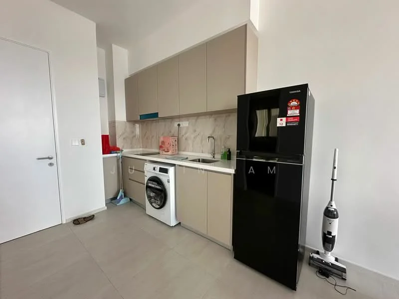 Kitchen features: light beige cabinetry, white countertop, stainless-steel single-bowl sink, chrome pull-down faucet, built-in oven, freestanding black fridge, front-load washing machine, ceramic tile flooring, white painted walls, wall-mounted extractor hood, open shelving, window with natural light; style: modern.