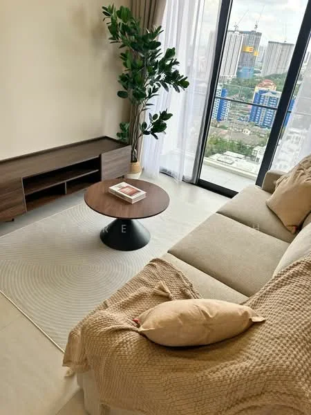 Living features: beige fabric sofa, round coffee table with dark base, light-colored area rug, wooden TV console, decorative throw blanket, decorative pillow, floor-to-ceiling windows, city skyline view, indoor plant; style: modern; view: city.