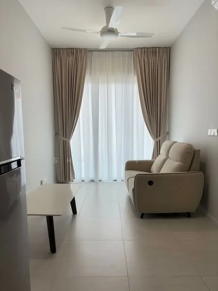 Living features: beige fabric sofa, white coffee table, floor-to-ceiling windows, sheer curtains, light grey painted walls, tile flooring, 5-blade ceiling fan, recessed downlights; style: modern.