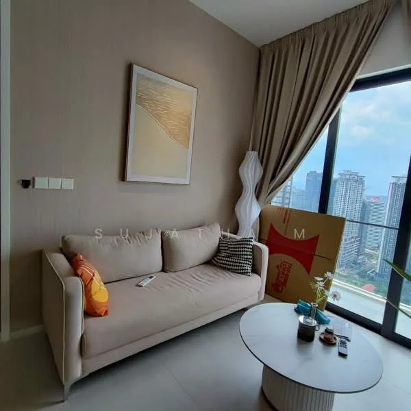Living features: beige fabric sofa, decorative throw pillow in orange, round coffee table with white top, floor-to-ceiling windows, city skyline view, light-colored wall with texture, curtains in light fabric, decorative wall art, modern floor lamp; style: modern; view: city.